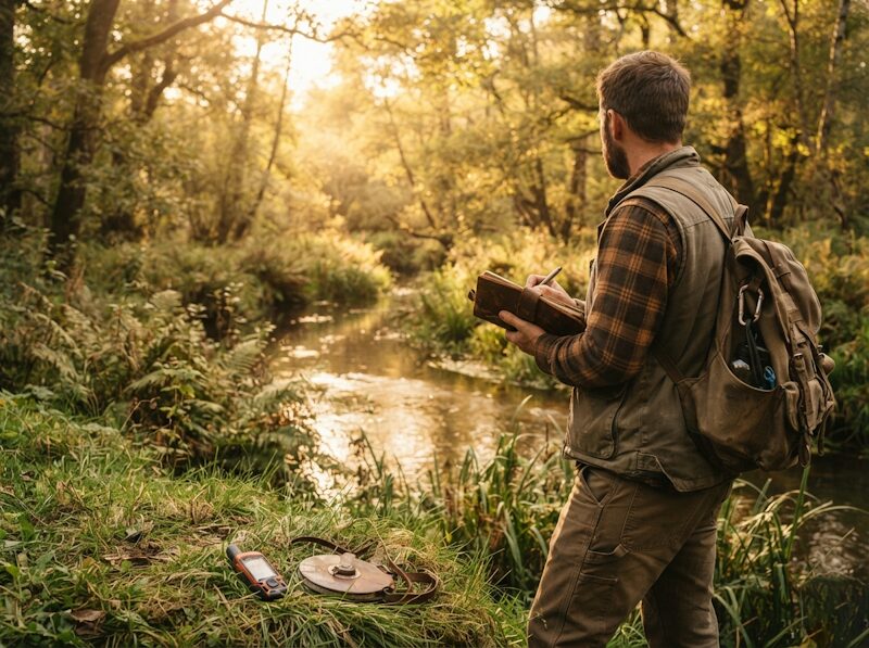 a naturalist near a small river during a biodiversity field survey